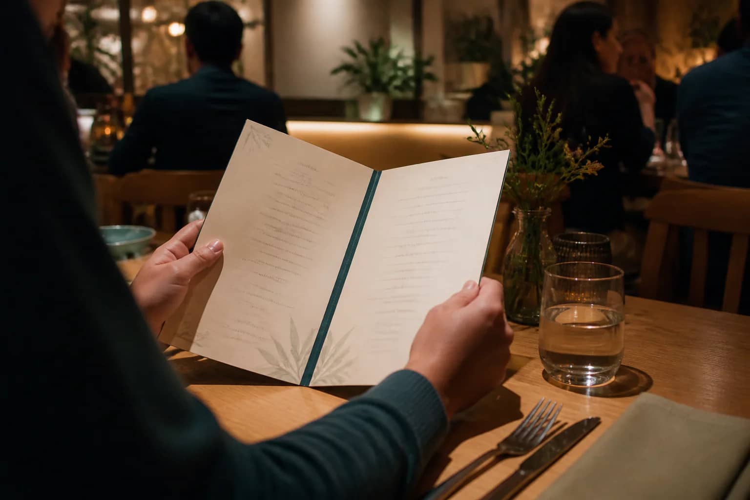 A diner holding an open menu at a restaurant table