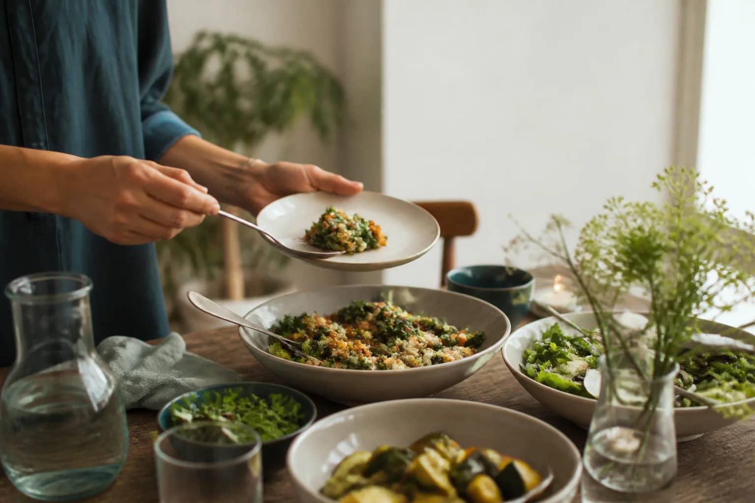 Someone serving a modest portion from a shared table